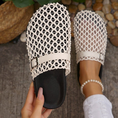 Weaving Hollow Out Cutout Thick Bottom Toe Cap Mules Slippers Women Outer Wear Breathable Belt Buckle Beach Slippers  DestGlow