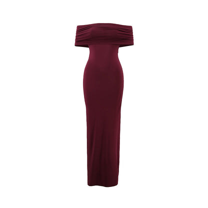 Women Clothing Summer Sexy off Shoulder Backless Bag Hip Pleated Solid Color Dress by Ragazza