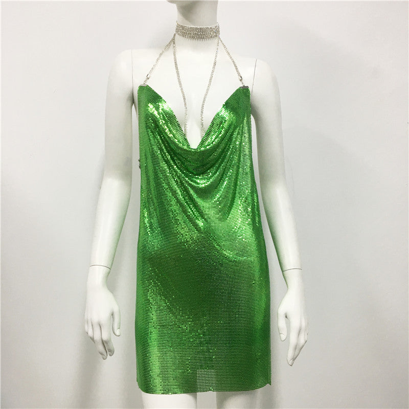 Metallic Coated Fabric Women Clothing Metal Sequ Dress Sexy Sweet Spicy Dress Rhinestone Cami Dress Women by Ragazza