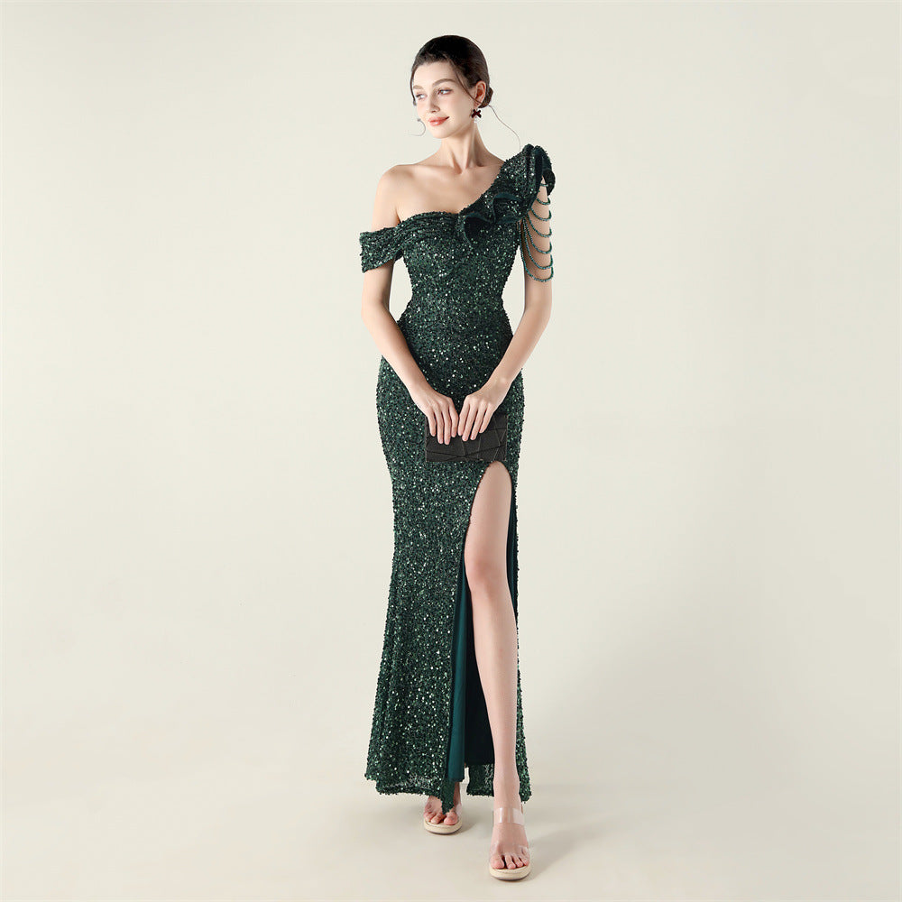 One Shoulder Pleated Ruffled Embellished Beaded Chain Sequined Evening Dress Cocktail Wedding Red Carpet by Ragazza