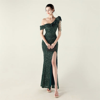 One Shoulder Pleated Ruffled Embellished Beaded Chain Sequined Evening Dress Cocktail Wedding Red Carpet by Ragazza