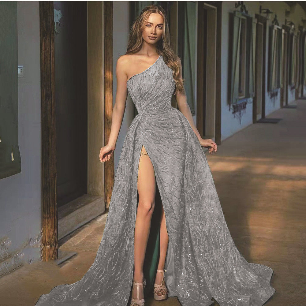 Spring Summer Women Clothing off-Shoulder Split Maxi Dress Toast Dress Sequin Sling Evening Dress by Ragazza