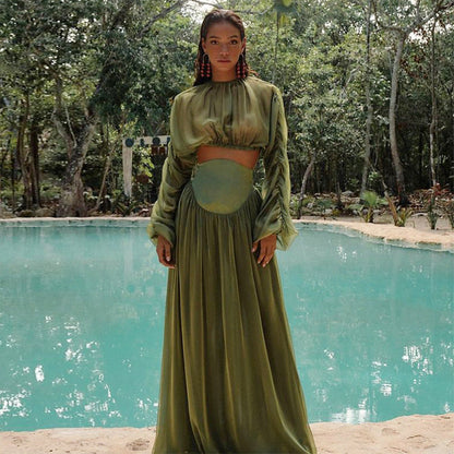 Women Clothing Spring Elegant Pleated Short Top High Waist Drooping Skirt Two Piece Sets Women by Ragazza