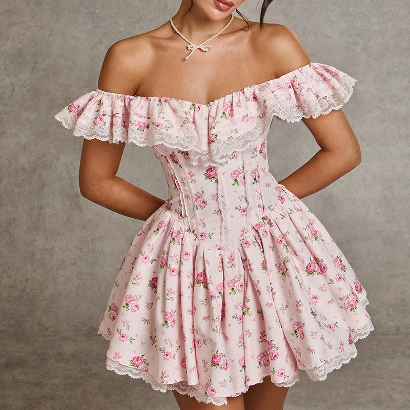 French Sexy Summer off Shoulder Lace Edge Waist Controlled Slim Fit Slimming High Grade Design Dress by Ragazza
