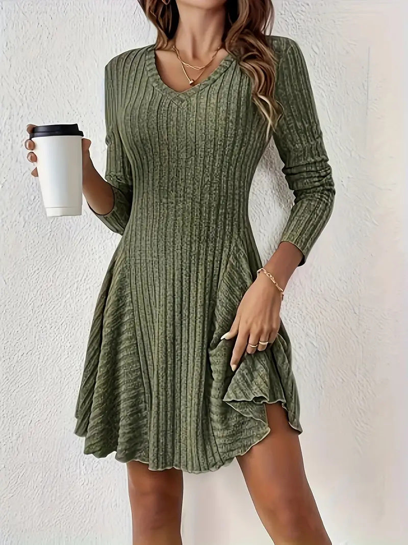 Elegant Knitted V neck Long Sleeve Dress Short Dress Large Swing Dress Women Clothing by Ragazza