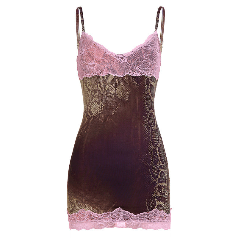 Sexy Personalized Snake Pattern Lace Contrast Color Splicing Sling Dress Sexy V neck Backless Hip Dress by Ragazza