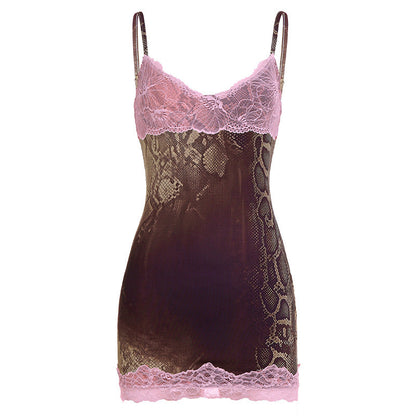 Sexy Personalized Snake Pattern Lace Contrast Color Splicing Sling Dress Sexy V neck Backless Hip Dress by Ragazza
