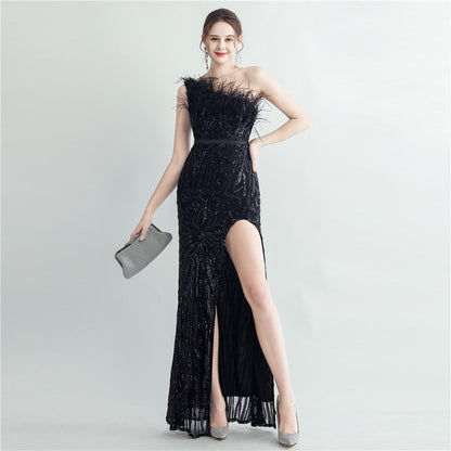 Heavy Industry Ostrich Hair Craft Bundle Hair Oblique Shoulder Side Slit High End Evening Dress by Ragazza