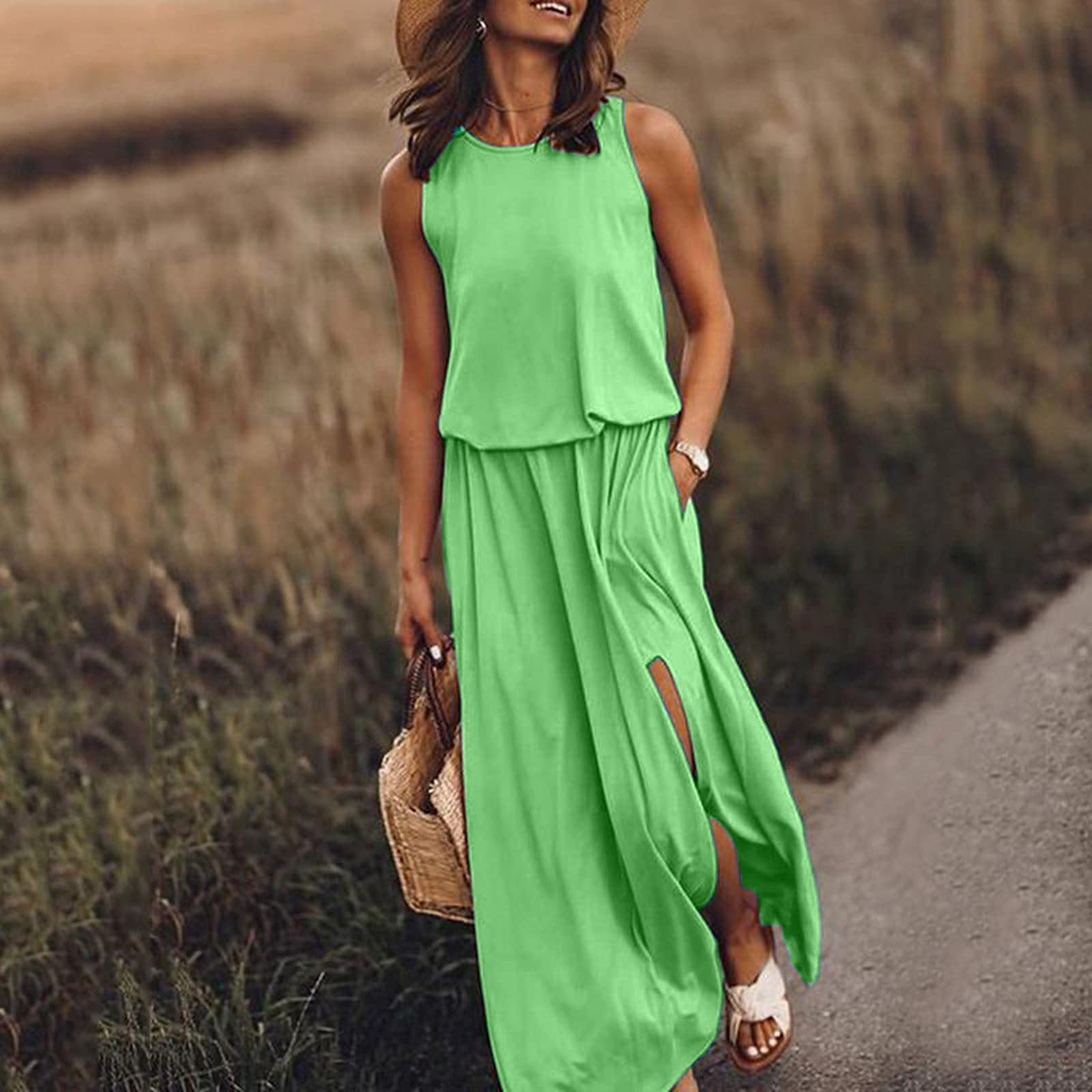 Spring Summer Women Clothing round Neck Sleeveless Dress Split Solid Color Casual Office Dress by Ragazza