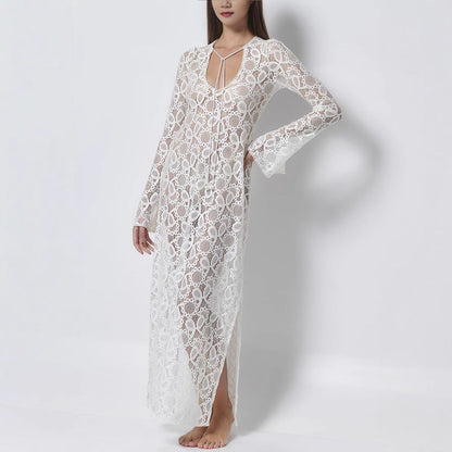 Spring Summer Long Sleeve See through Lace up Dress Loose Vacation Split Dress by Ragazza