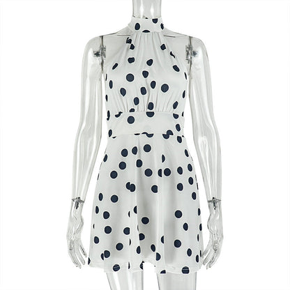 Women Wear Waist Pleated Polka Dot A line Dress Printed Halter Short Dress by Ragazza