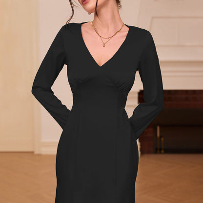 Women Clothing French V neck Satin Dress Autumn Winter High Waist Slim Dress  DestGlow