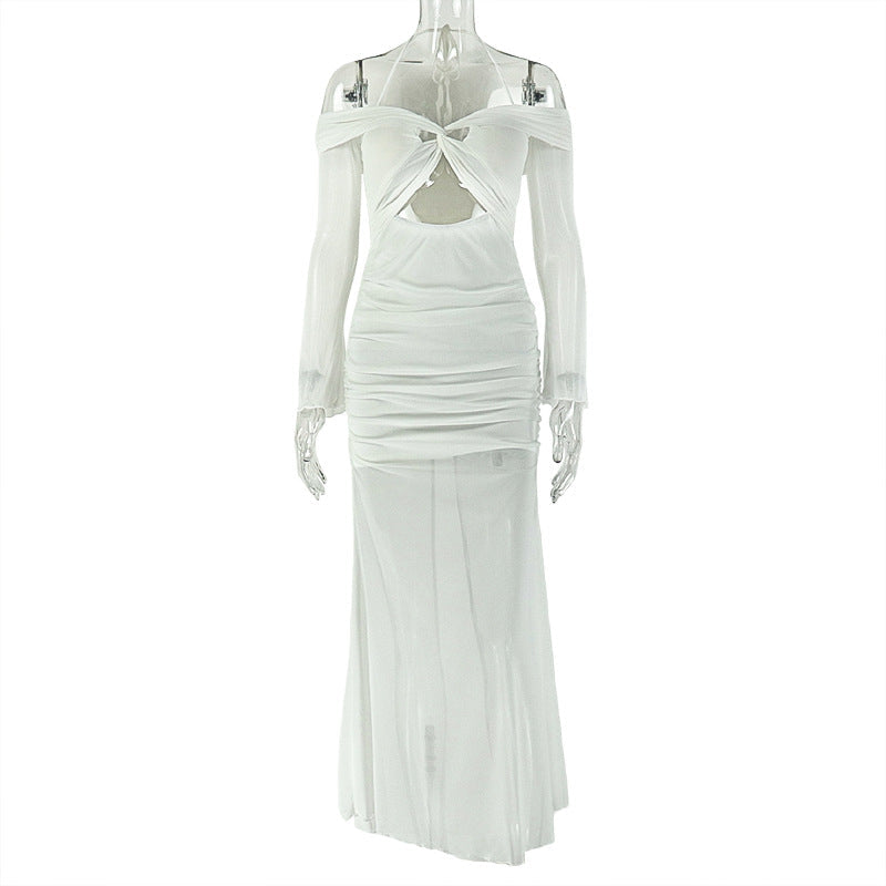 Women Clothing Hollowed Halter Pleated Hip Dress Wrapped Chest Slightly Transparent Long Sleeve One Step Dress by Ragazza