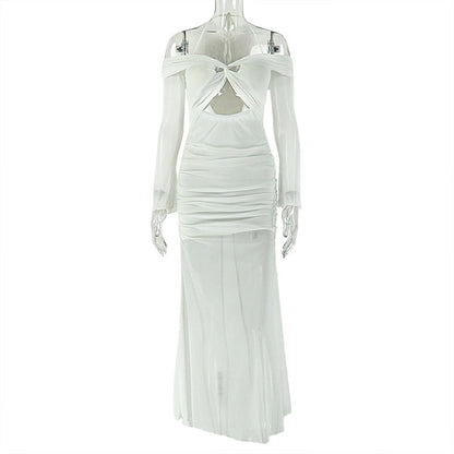 Women Clothing Hollowed Halter Pleated Hip Dress Wrapped Chest Slightly Transparent Long Sleeve One Step Dress by Ragazza