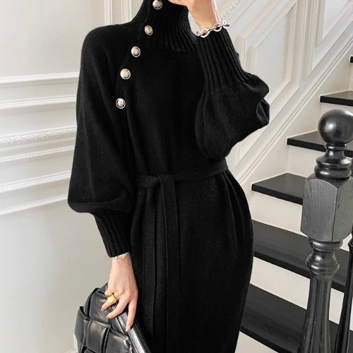 Japanese Korean Lace up Waist Trimming Knitted Dress Autumn Winter Loose Slimming All Matching Turtleneck Long Sweater for Women by Ragazza