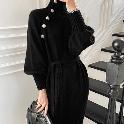 Japanese Korean Lace up Waist Trimming Knitted Dress Autumn Winter Loose Slimming All Matching Turtleneck Long Sweater for Women by Ragazza