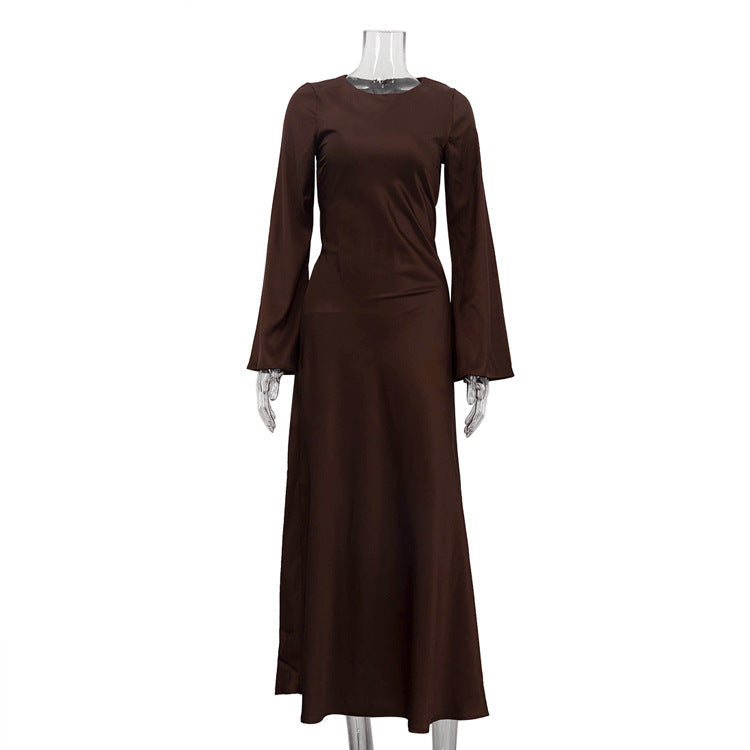 Satin Round Neck Long Sleeved Dress Women Clothing Autumn Elegant Sheath Dress by Ragazza