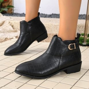 Low Heel Buckle Short Martin Boots Women Thick Heel Pointed Women Thin Leather Boots  DestGlow
