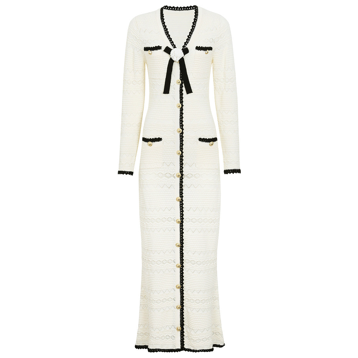 Spring Autumn Fashionable Knitted V neck Floral Slim Fit Slimming Long Sleeves Dress Women  DestGlow
