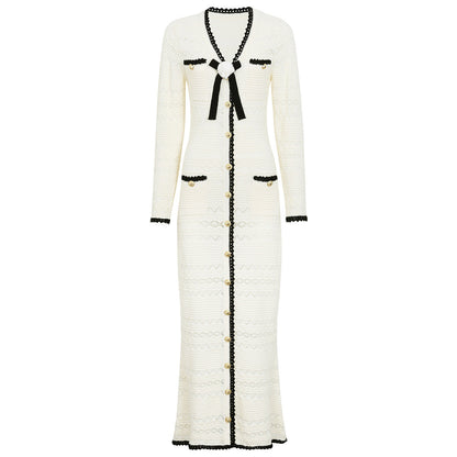 Spring Autumn Fashionable Knitted V neck Floral Slim Fit Slimming Long Sleeves Dress Women  DestGlow