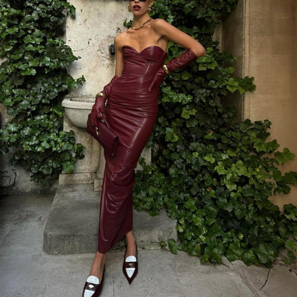Women Clothing Elegant Faux Leather Sexy Tube Top Strap Fold Split Dress by Ragazza