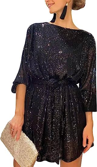 Summer Sequined Round Neck Long Sleeve Casual Loose Beaded Dress by Ragazza
