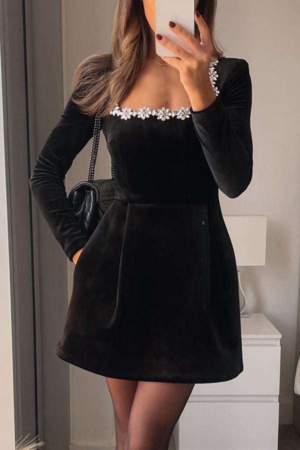 Women Spring Clothing Elegant Square Collar Diamond Inlaid Short Velvet Dress by Ragazza