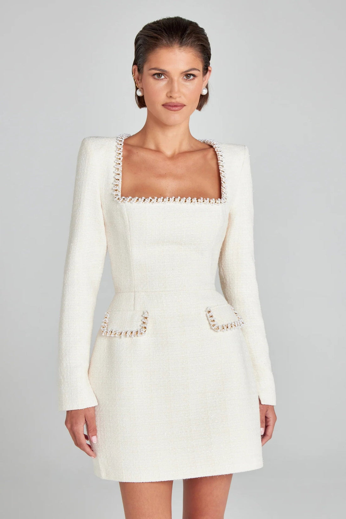 Elegant Slim Fit Slimming U Neck Long Sleeved Beaded Classic Dress Women by Ragazza