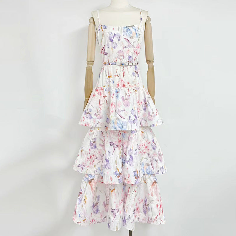 Seaside Vacation Floral Dress Autumn Winter Printed Painted Belt Waist Tight Slimming Women Wear Dress by Ragazza
