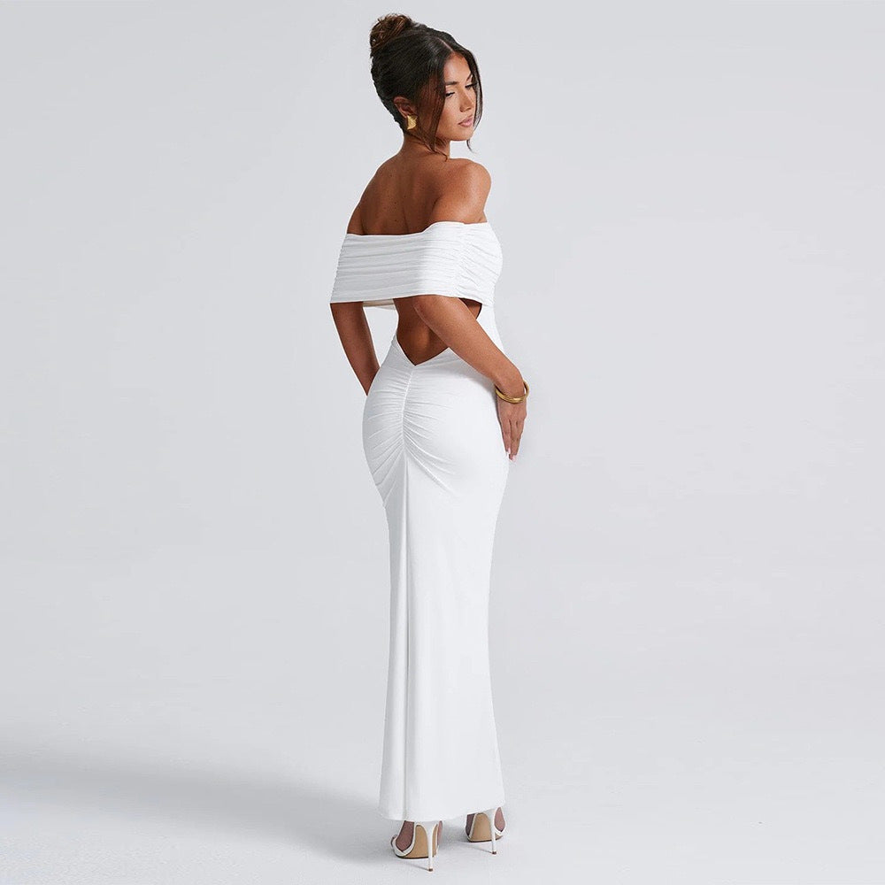 Women Clothing Summer Sexy off Shoulder Backless Bag Hip Pleated Solid Color Dress by Ragazza