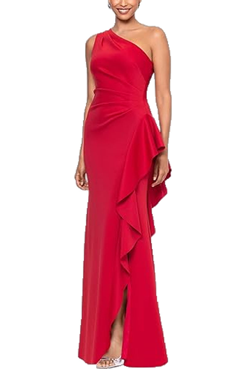 One Shoulder Elegant Solid Color Slim Waist Split Fishtail Side Ruffled Evening Dress by Ragazza