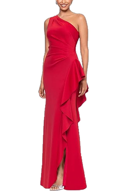 One Shoulder Elegant Solid Color Slim Waist Split Fishtail Side Ruffled Evening Dress by Ragazza