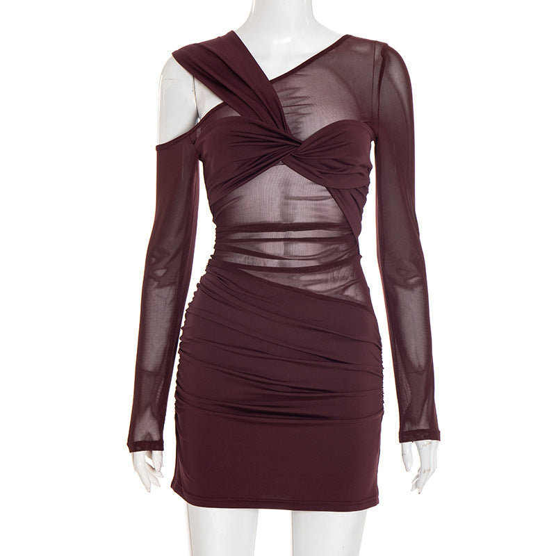 Women Autumn Sexy Mesh Long Sleeve Slim Fit See through Kinked Short Dress by Ragazza