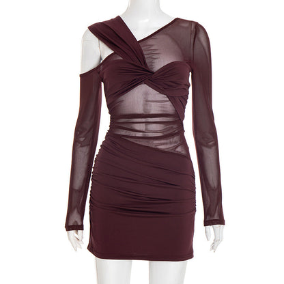 Women Autumn Sexy Mesh Long Sleeve Slim Fit See through Kinked Short Dress by Ragazza