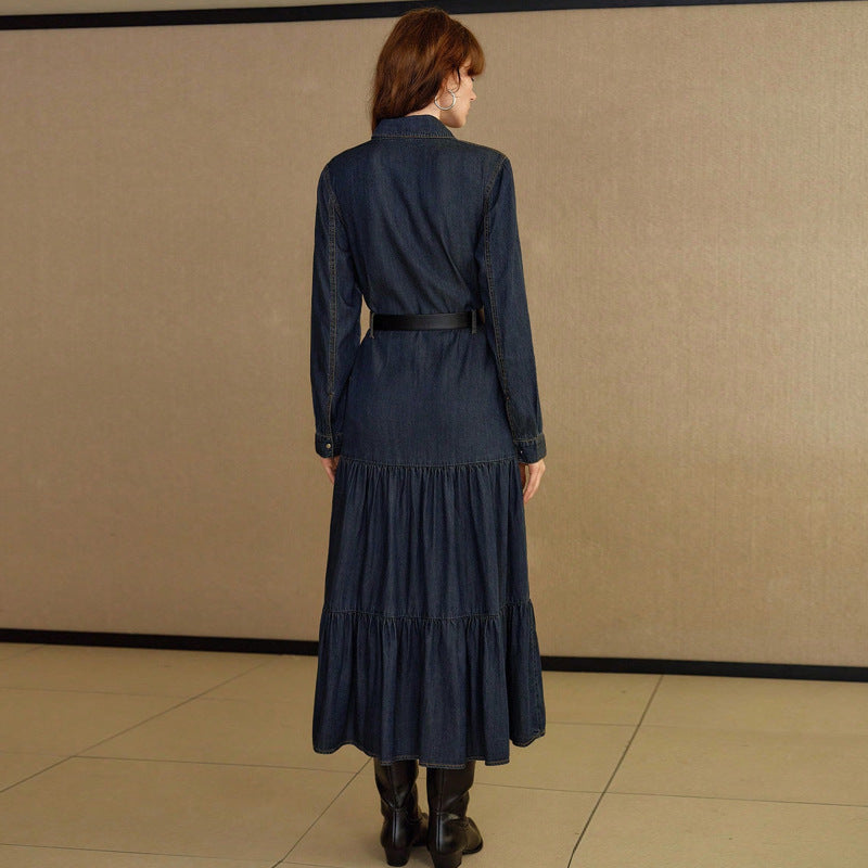 Women Clothing Denim Long Sleeve Breasted Waist Dress（Without Belt） by Ragazza