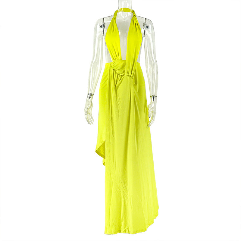 Women Clothing Slim Fit Solid Color Lace up Hip Dress Sexy Halter V neck Chest Wrapped Dress by Ragazza