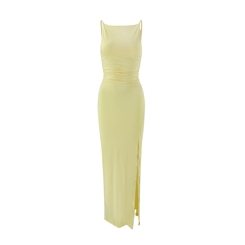 Women Clothing Summer Suspender off Neck Pleated Side Slit Elegant Dress by Ragazza