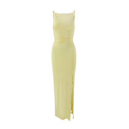 Women Clothing Summer Suspender off Neck Pleated Side Slit Elegant Dress by Ragazza