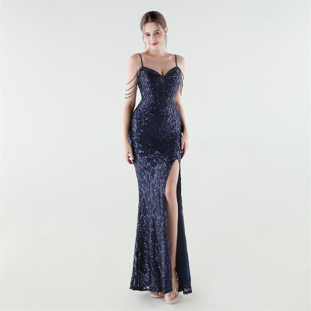 Heavy Industry Sequin Beaded Boning Corset Waist Tight Evening Dress by Ragazza