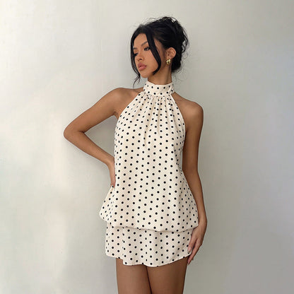 Summer Retro Vacation Short Dress Polka Dot Halter Backless Dress  DestGlow