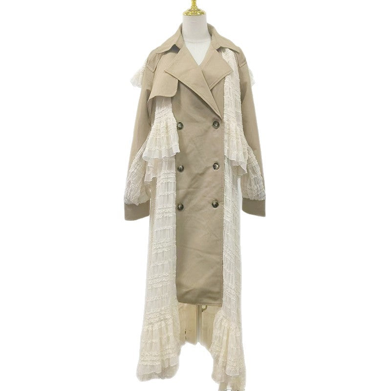 Fall Elegant Elegant Design Lace Stitching High Grade Waist Slimming Women Trench Coat by Ragazza