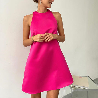Spring Summer Satin Dress round Neck Sleeveless A line Sexy Party Dance Dress by Ragazza