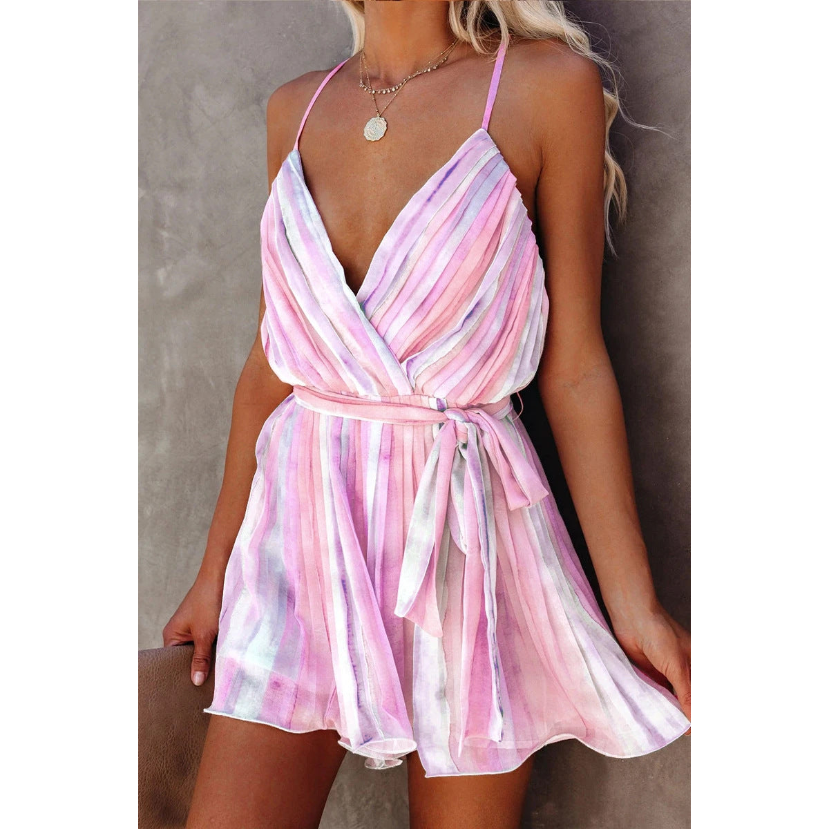 Spring Summer Suspender Pleated Chiffon Dress Home Lace up Sexy V neck Chiffon Dress by Ragazza