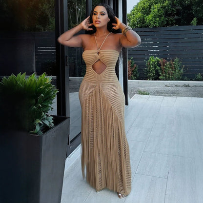 Hollow Out Cutout Bikini Cover Sexy Waist Drawstring Tassel Knitted Beach Dress for Women  DestGlow