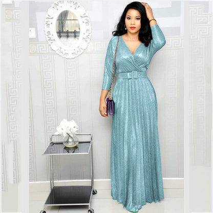 Winter African Women Wear Long Sleeve Bronzing Pleated Swing Dress with Belt Glittering Powder Fabric by Ragazza