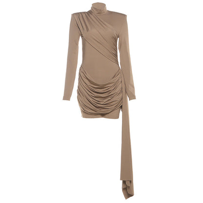 Autumn Winter Women round Neck Backless Slim Fit Sheath Ribbon Pleated Long Sleeve Elegant Dress Women