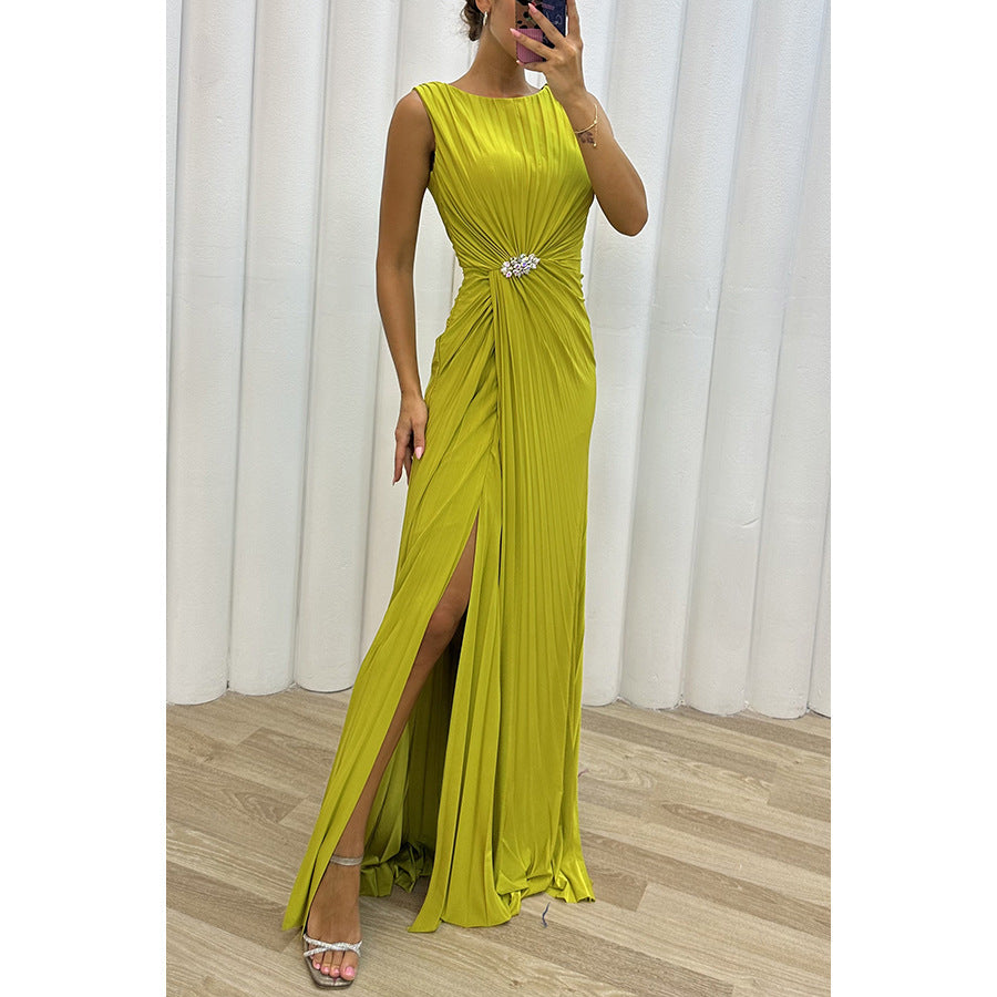 Pleated Split Casual Dress Sleeveless Dress Evening Dress Women by Ragazza