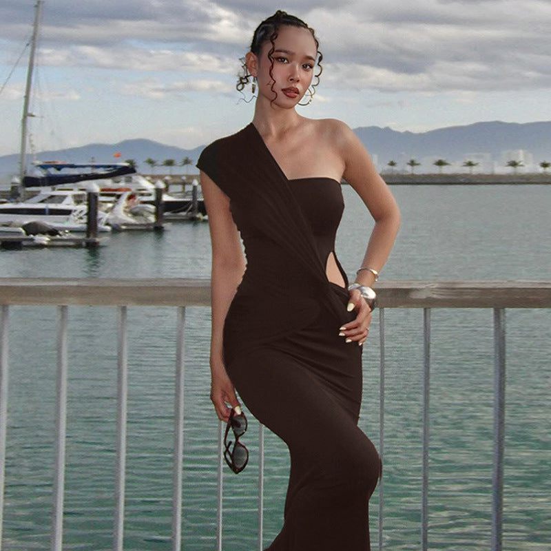 Women Clothing Winter Sexy Side Hollow Out Cutout Cross Strap One Shoulder Dress by Ragazza