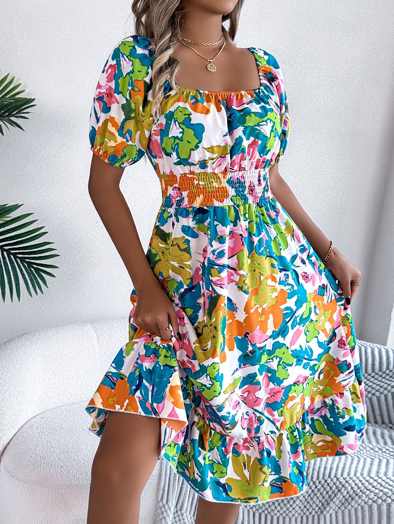 Spring Summer Casual Floral Square Collar Short Sleeve Waist Trimming Ruffles A line Dress Women Clothing by Ragazza