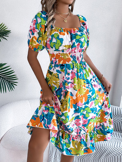 Spring Summer Casual Floral Square Collar Short Sleeve Waist Trimming Ruffles A line Dress Women Clothing by Ragazza